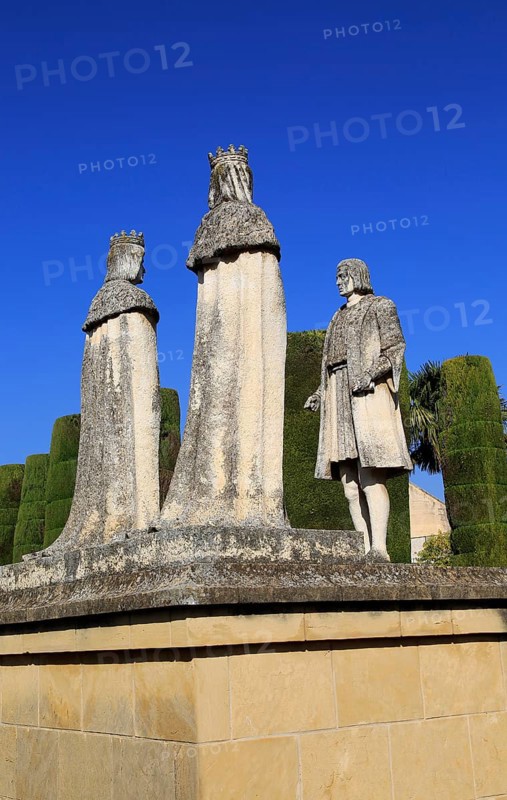 Columbus, King Ferdando and Queen Isabel statues in garden of Alcazar, Cordoba, Spain, Alcazar de los Reyes Cristianos, Europe