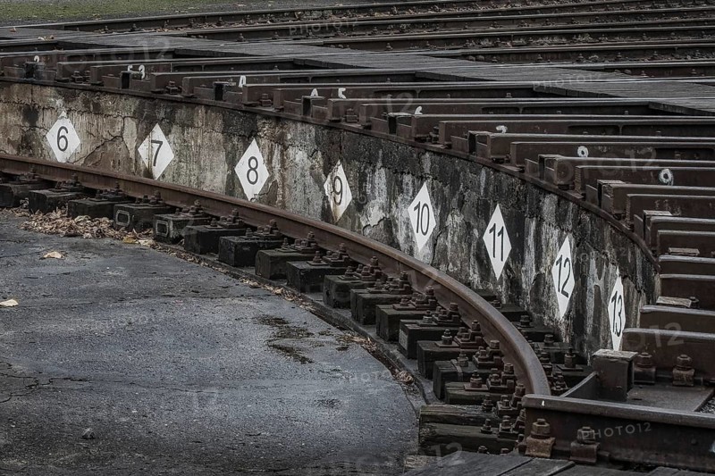Numbered signs on the platform edge of a railway museum mark the tracks, Dahlhausen railway depot, Lost Place, Dahlhausen, Bochum, North Rhine-Westphalia, Germany, Europe