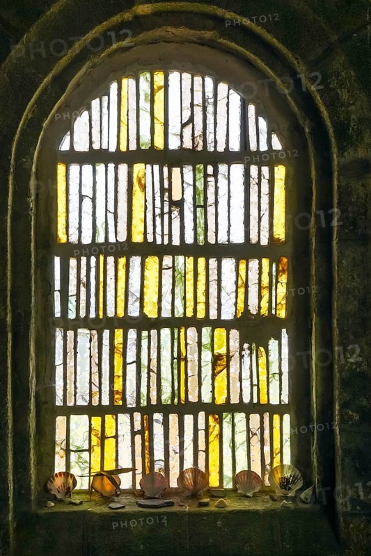 Stained glass window of the chapel on Mont Saint-Michel de Brasparts, Monts d'Arree massif, Finistere Penn ar Bed department, Brittany Breizh region, France, Europe