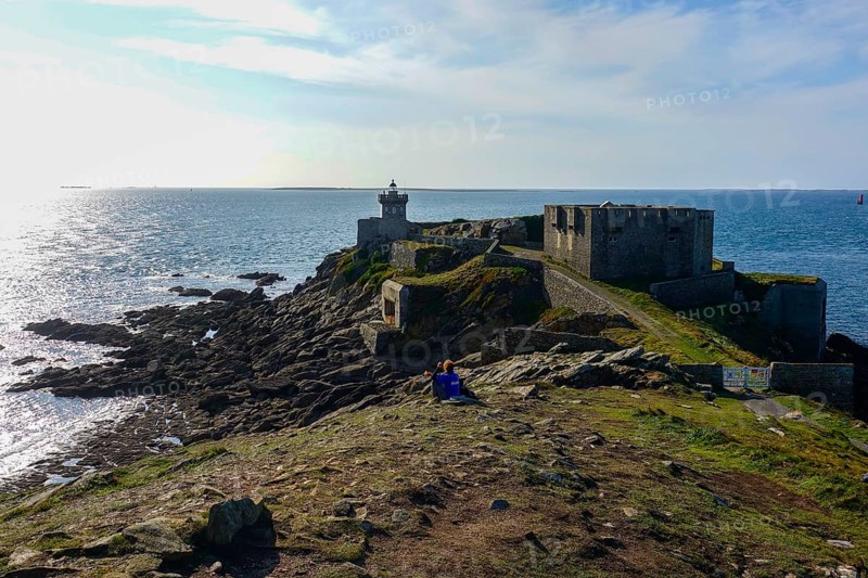 Peninsula Kermorvan with lighthouse and fort, behind the island Ouessant, Le Conquet, department Finistere Pen ar Bed, region Bretagne Breizh, France, Europe