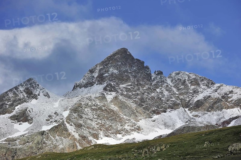 View over mountains along the mountain pass Passo di Gavia in the Italian Alps, Lombardy, Italy, Europe