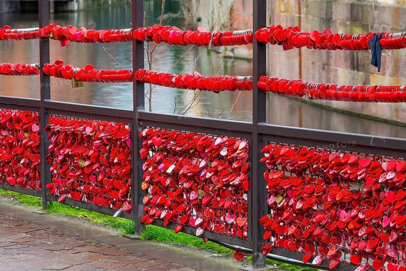 Countless red love locks on railings, Little Venice, Petite Venise, Der Fischerstaden, Colmar, Alsace, France, Europe