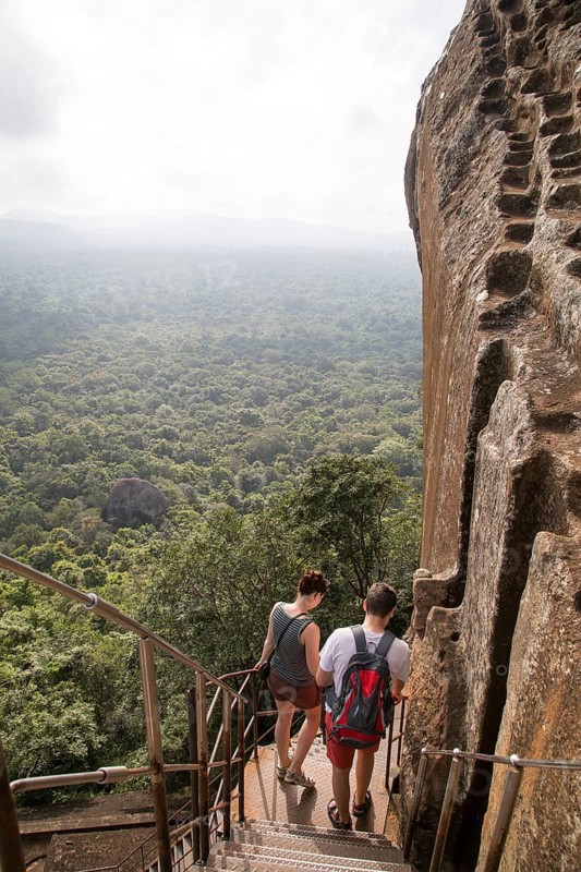 Metal staircase descending from rock palace fortress, Sigiriya, Central Province, Sri Lanka, Asia
