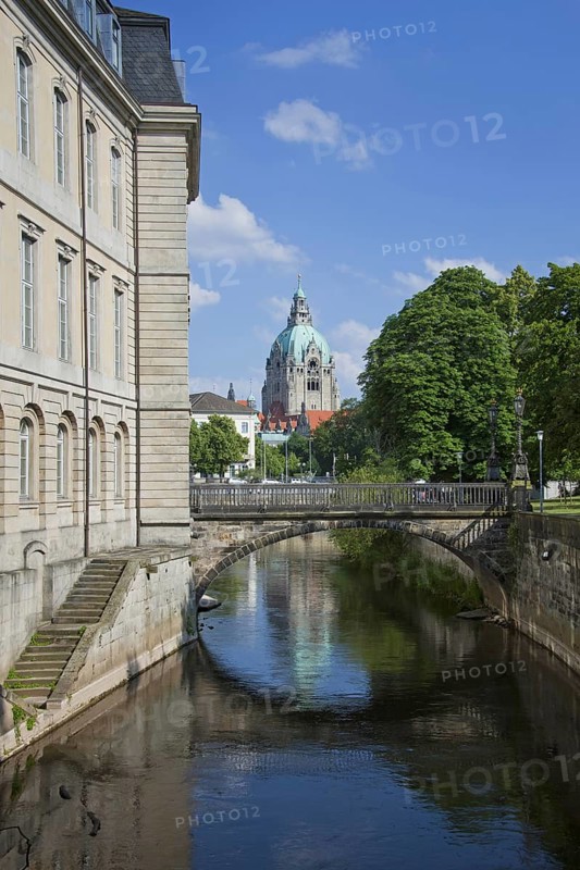 The state parliament in the former Leineschloss castle and the New City Hall, Neues Rathaus in Hannover, Lower Saxony, Germany, Europe