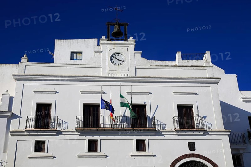 Ayuntamiento town hall in traditional whitewashed buildings in Vejer de la Frontera, Cadiz Province, Spain, Europe