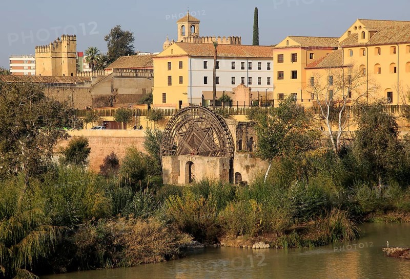 Historic Albolafia Moorish water-wheel on river Rio Guadalquivir, Cordoba, Spain, Europe