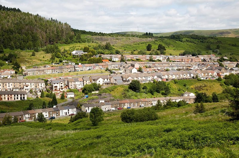 Linear pattern of terraced houses in Cwmparc, Treorchy, Rhonnda valley, South Wales, UK