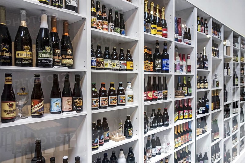 Collection of Belgian beers in the Hop Museum at Poperinge, West Flanders, Belgium, Europe