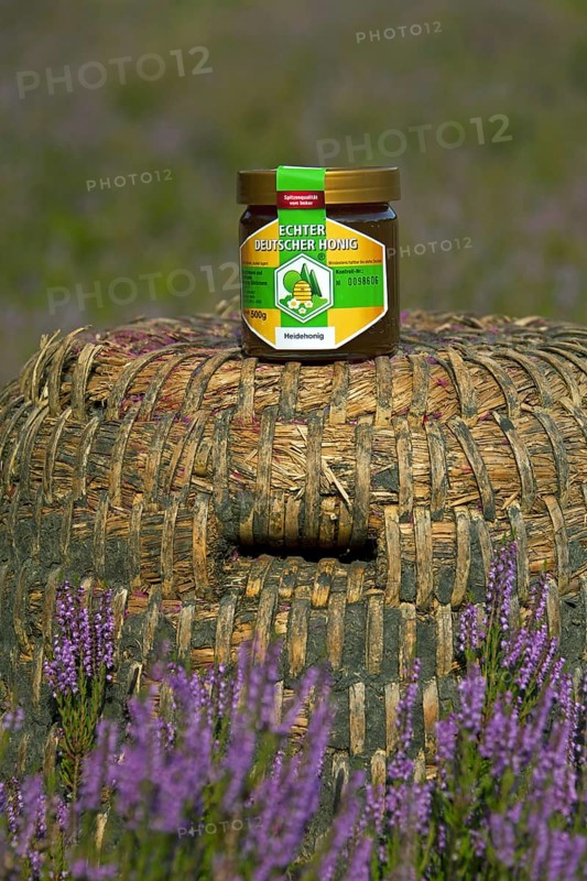 Honey jar on old beehive, skep of apiary in the Lueneburg Heath, Lunenburg Heathland, Lower Saxony, Germany, Europe