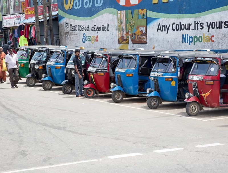 Line of tuk-tuk vehicles town of Haputale, Badulla District, Uva Province, Sri Lanka, Asia