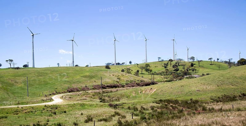 Wind turbines stand on small hill near Nuwara Eliya, Central Province, Sri Lanka, Asia