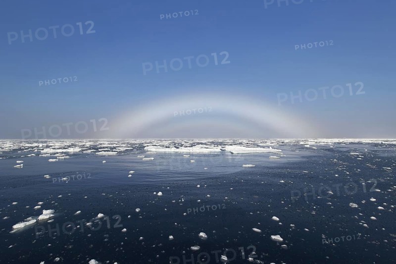 Fogbow, fog bow, white rainbow, sea-dog over the Arctic Sea at Svalbard, Norway, Europe