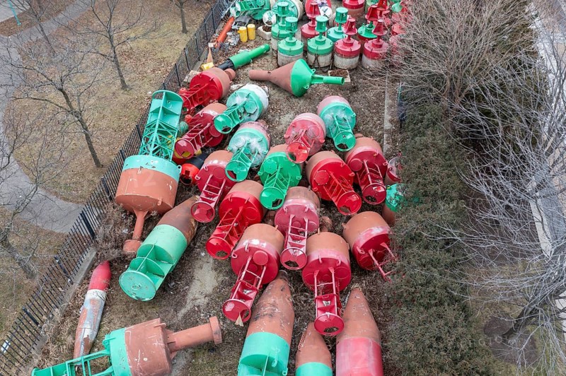 Detroit, Michigan, Navigational buoys stored at the U.S. Coast Guard station. The buoys mark the shipping channel from Saginaw Bay in Lake Huron through the St. Clair River, Lake St. Clair, and the Detroit River to Lake Erie. Many buoys are removed from the water and stored at the Coast Guard station for the winter