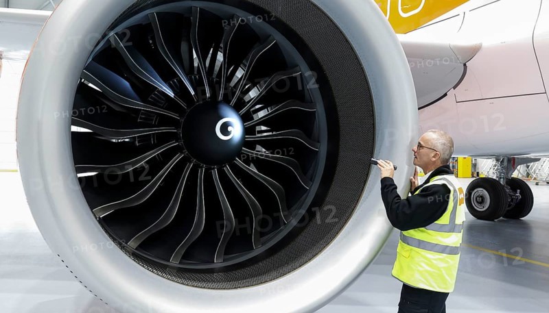 Olaf Gross, Licence Engineer at easyJet, checks the engine of an Airbus A320 Neo in front of the opening of the new easyJet maintenance hangar at Berlin Brandenburg Airport, BER. The entire European easyJet fleet is maintained at the Schoenefeld site