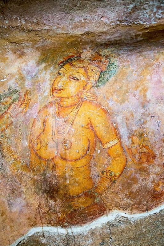 Rock painting frescoes of maidens in the palace fortress, Sigiriya, Central Province, Sri Lanka, Asia