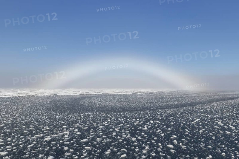 Fogbow, fog bow, white rainbow, sea-dog over the Arctic Sea at Svalbard, Norway, Europe