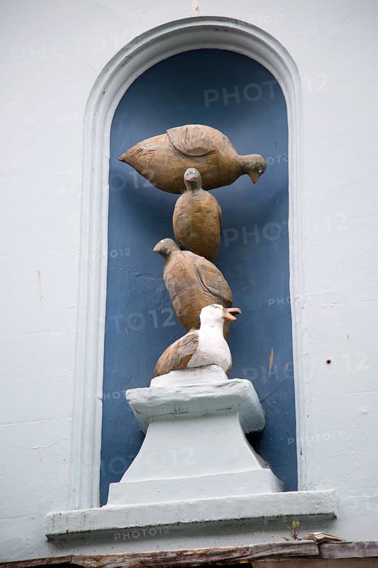 Bird sculpture of pigeons and seagull, Arwenack Street, Falmouth, Cornwall, England, UK