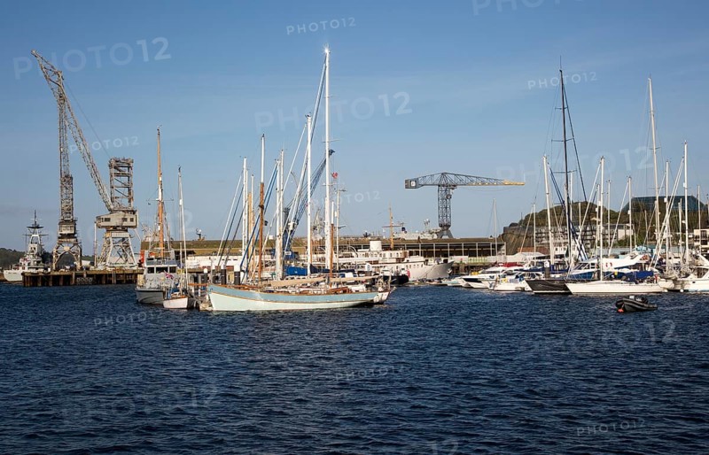 Yachts at moorings in the port, Falmouth, Cornwall, England, UK