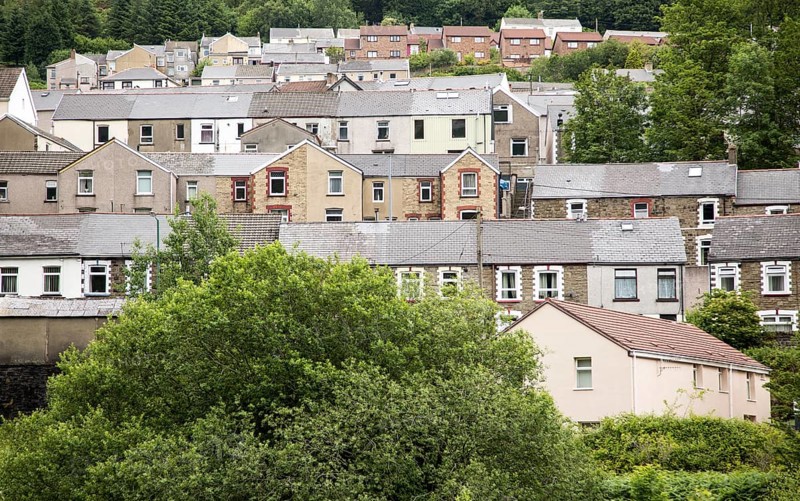 Terraced housing on hillside, Abertillerry, Blaenau Gwent, South Wales, UK