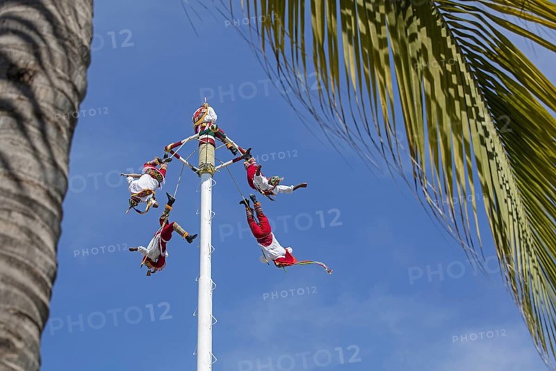 Danza de los Voladores, Dance of the Flyers, flying men of Papantla performing the ancient Mesoamerican ritual in Puerto Vallarta, Jalisco, Mexico, Central America