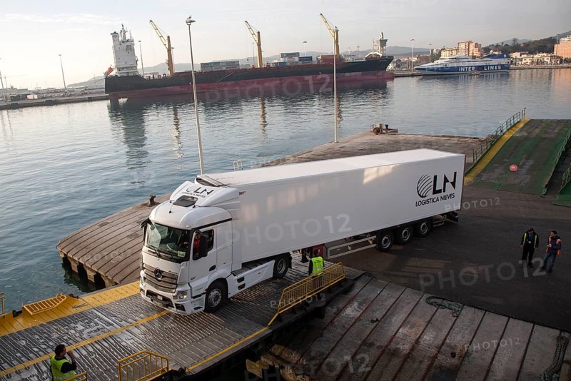 Heavy goods vehicle boarding ferry at Port of Algeciras, Spain, Europe