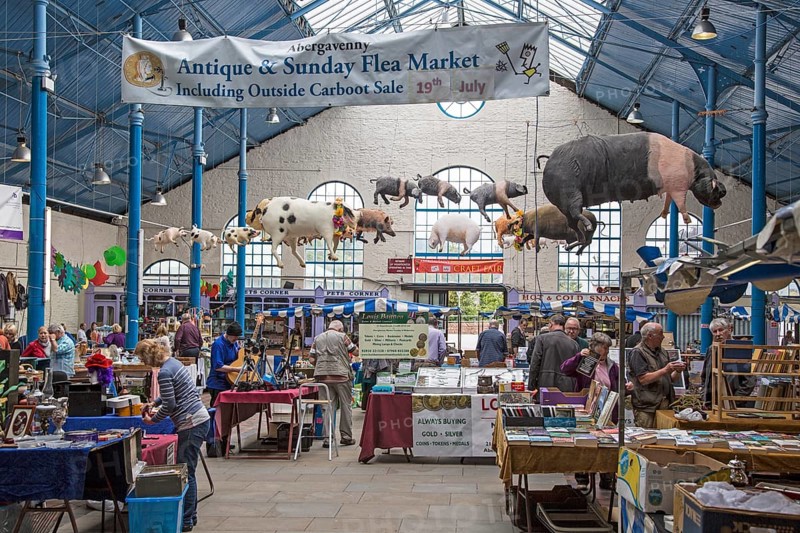 Flea market inside Market Hall building, Abergavenny, Monmouthshire, South Wales, UK