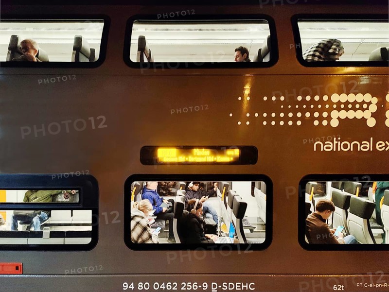 National Express RE6 double-decker commuter train in the evening, Duesseldorf Central Station, North Rhine-Westphalia, Germany, Europe