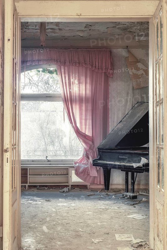 A damaged grand piano in a dilapidated room with tattered pink curtains and dust, urologist's villa Dr Anna L., Lost Place, Bad Wildungen, Hesse, Germany, Europe