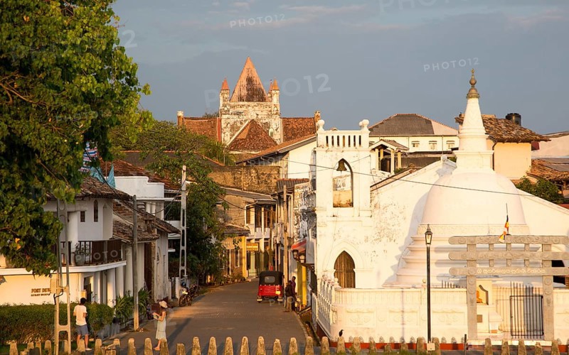Street and house in historic town of Galle, Sri Lanka, Asia with Christian church and Buddhist temple, Asia