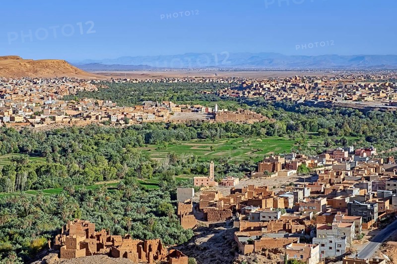 Aerial view over the city Tinghir, Tinerhir oasis, south of the High Atlas, Draa-Tafilalet Region, Central Morocco
