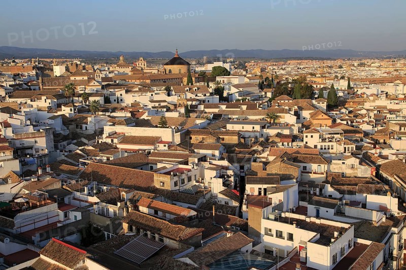 Oblique raised angle view of historic city centre buildings, Cordoba, Spain, Europe