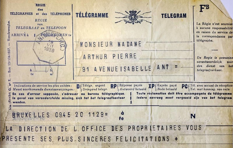Old Belgian telegram written in French and Dutch from 1938, Belgium, Europe