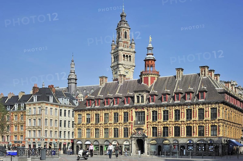 Bell tower of Chamber of Commerce and La Vieille Bourse at the Place du General de Gaulle, Lille, France, Europe