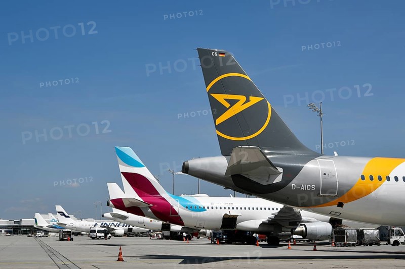 Overview Condor, Eurowings, Iberia, Finnair, KLM and Air Lingus aircraft at handling position at Terminal 1 with control tower, Munich Airport, Upper Bavaria, Bavaria, Germany, Europe