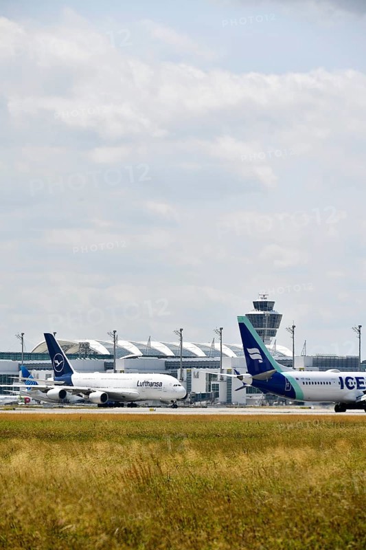 Lufthansa Airbus A380-800 with Iceland Air in front of Terminal 2, Munich Airport, Upper Bavaria, Bavaria, Germany, Europe