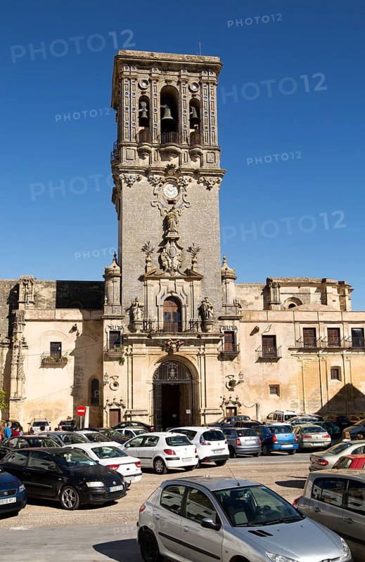 Tower of church Santa Maria de la Asuncion, Plaza del Cabildo, Arcos de la Frontera, Cadiz province, Spain, Europe