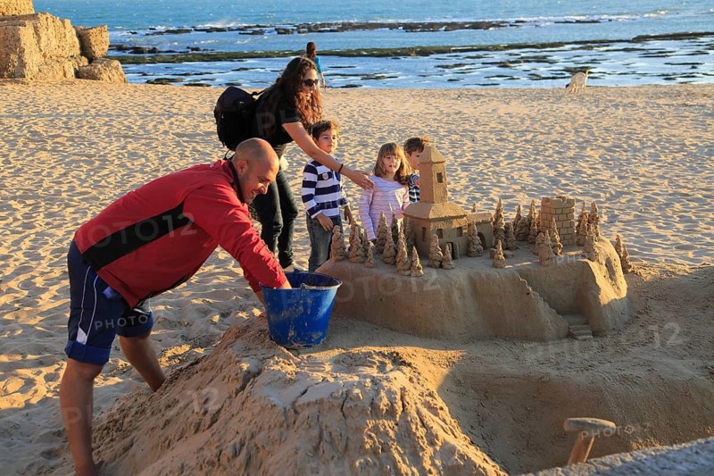 Sandcastle structure on sandy beach, La Caleta, Cadiz, Spain, Europe