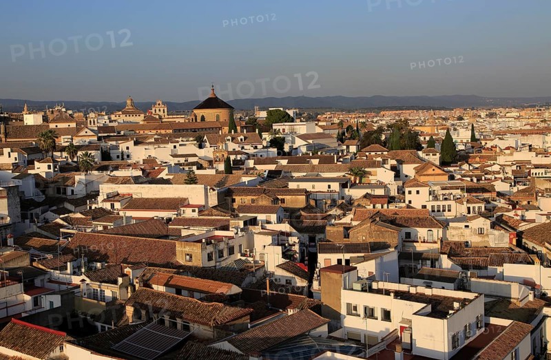 Oblique raised angle view of historic city centre buildings, Cordoba, Spain, Europe