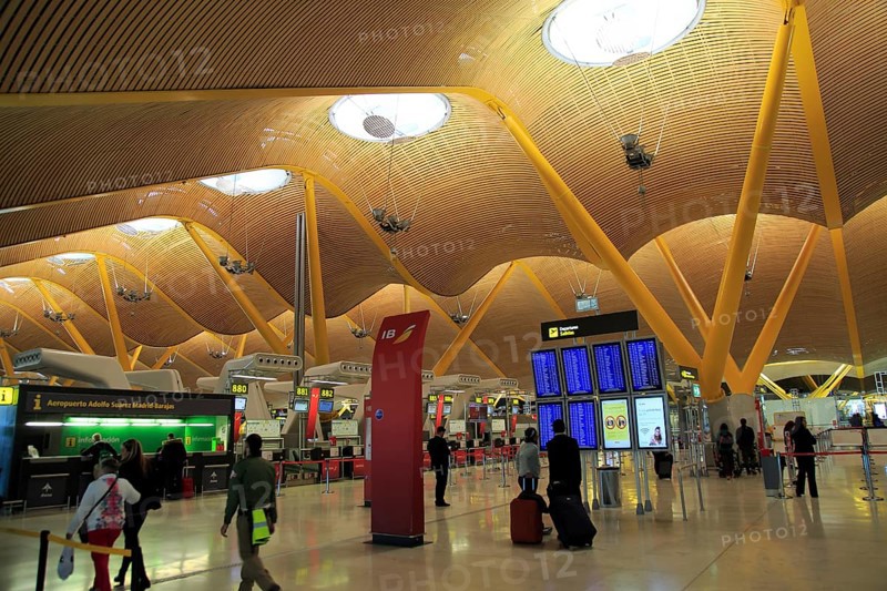 Modern architecture interior of terminal 4 building, Adolfo Suarez Madridâ€“Barajas airport, Madrid, Spain, Europe