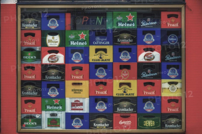 A fridge full of different beer brands in colourful compartments, Wuppertal Elberfeld, North Rhine-Westphalia, Germany, Europe