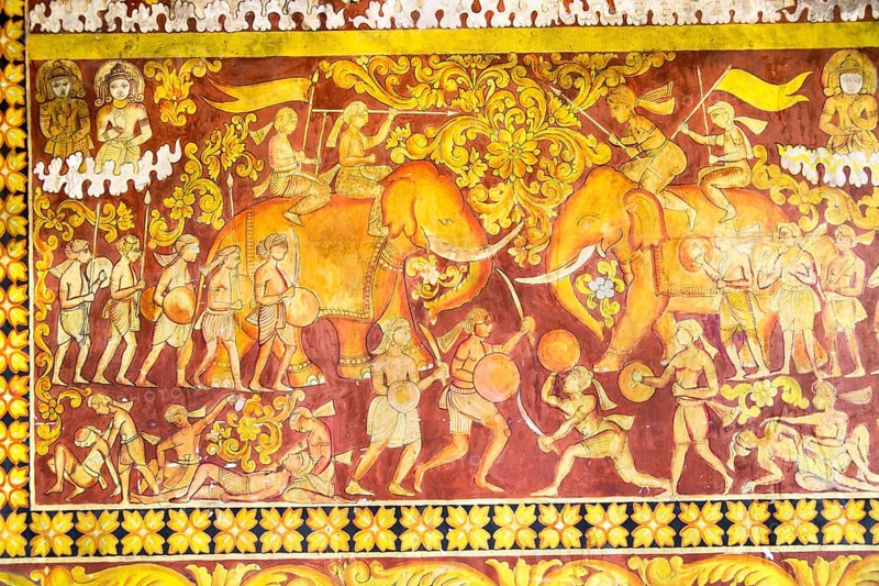 Sinhalese historic battle scene painting Gangaramaya Buddhist Temple, Colombo, Sri Lanka, Asia