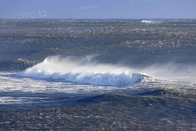 Wave crest at Arctic sea showing airborne spray and spindrift due to high winds