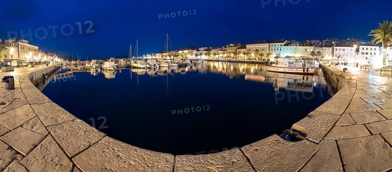 Blue hour, harbour of Mali Losinj, panoramic shot, island of Losinj, Kvarner Gulf Bay, Adriatic Sea, Croatia, Europe