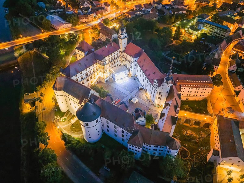 Hartenfels Castle from above, at dusk, Torgau, Saxony, Germany, Europe