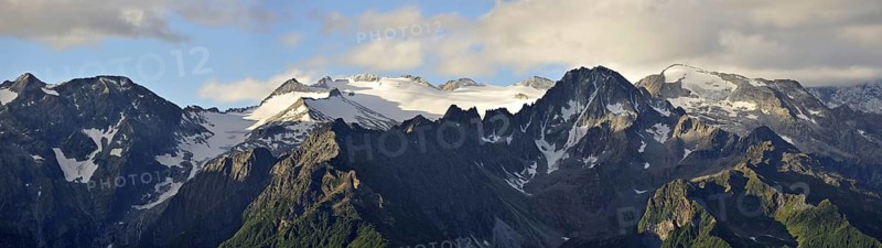 View over mountains along the mountain pass Passo di Gavia in the Italian Alps, Lombardy, Italy, Europe