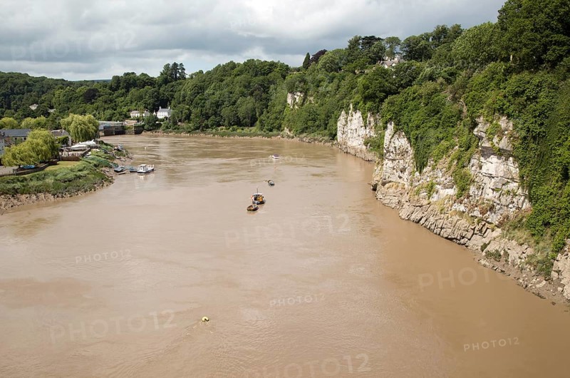 Cliff and meander loop of River Wye at Chepstow, Monmouthshire, Wales, UK