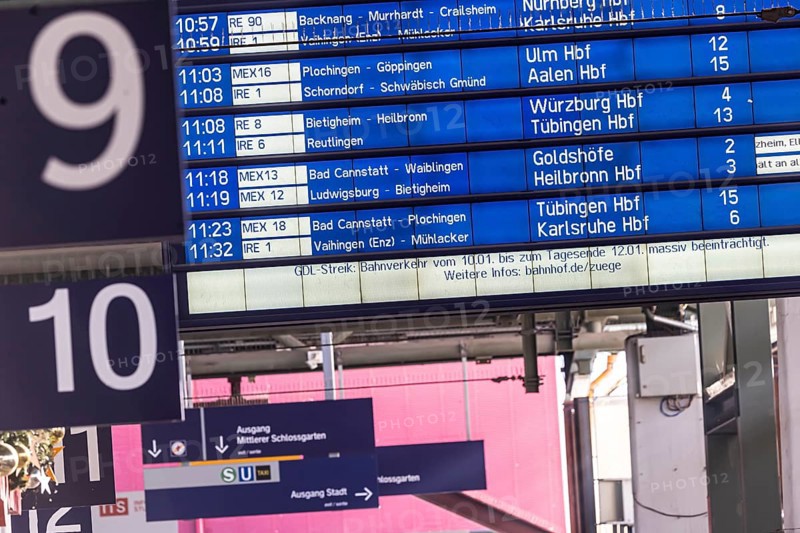 Strike by train drivers' union GDL, only a few trains run for three days. Information board with the strike announcement at Stuttgart main station, Baden-Wuerttemberg, Germany, Europe