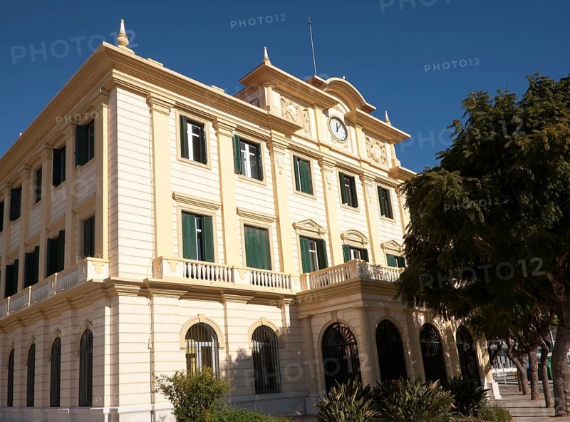 Historic port authority office building Malaga, Spain eclectic classicist style, 1935 architect Manuel Acena Gonzalez