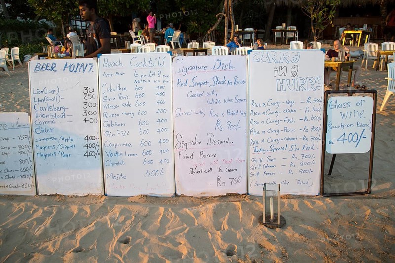 Menu boards for beach bar restaurant, Mirissa, Sri Lanka, Asia