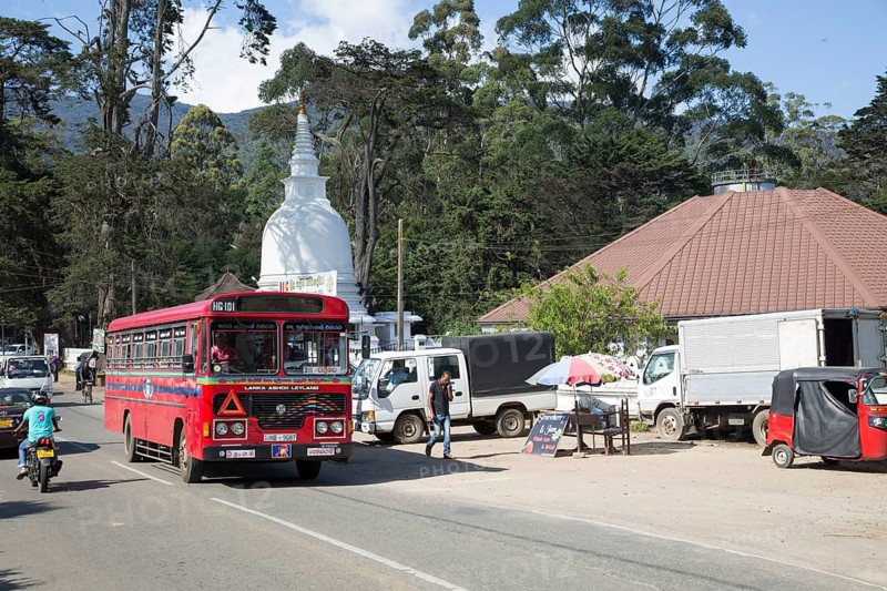 Red local bus passing Buddhist temple stupa, Nuwara Eliya, Sri Lanka, Asia, Sri Lanka, Asia